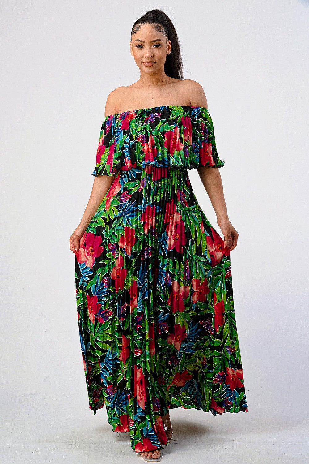 strapless open back dress Saima - Grey Ivory Blue Block Printed Box Pleated Long Dress main image 1